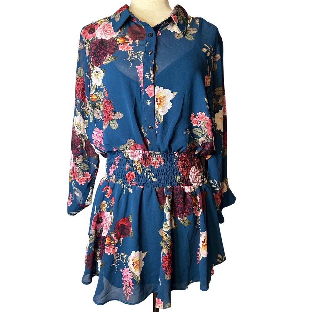 City Chic Teal Floral Paradise Smocked Waist Chiffon Tunic Fairy Artsy Size S/16